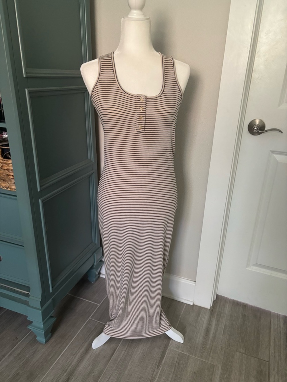 The Workshop Beige & Black Striped Ribbed Maxi Dress